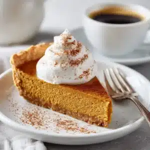 A slice of pumpkin pie with whipped cream served on a plate beside coffee.