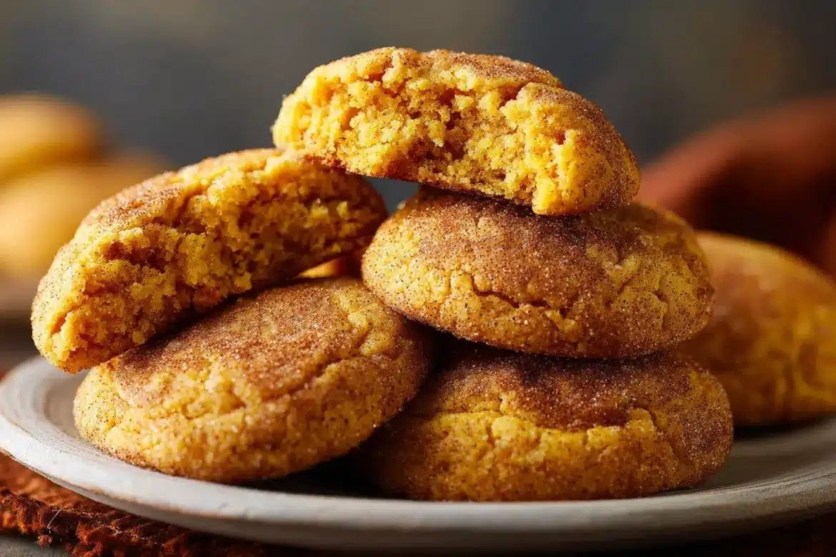 Close-up of pumpkin snickerdoodle cookies with golden cinnamon-sugar crackle.