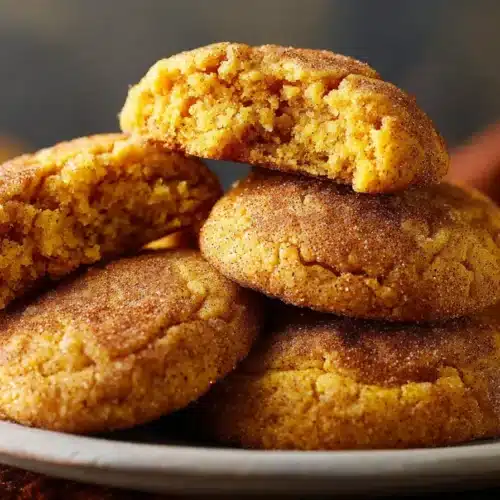 Close-up of pumpkin snickerdoodle cookies with golden cinnamon-sugar crackle.