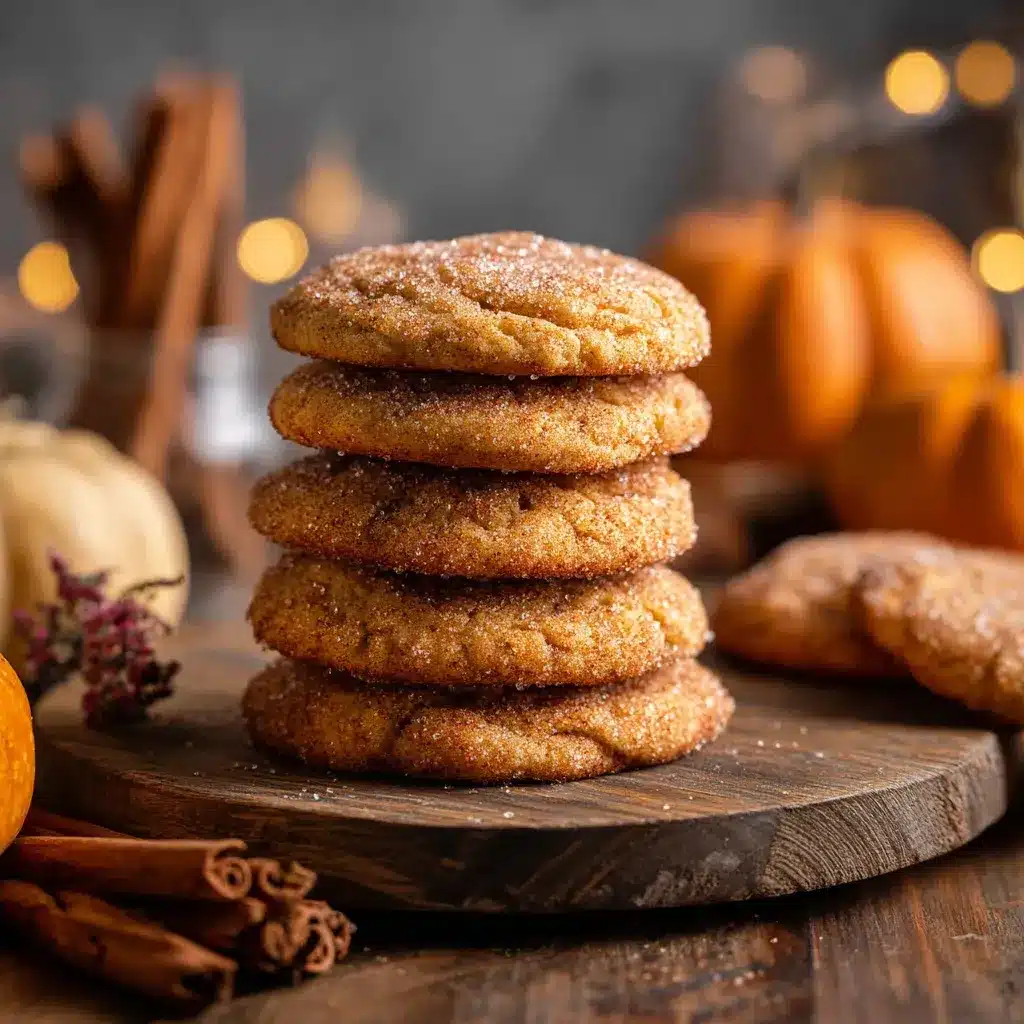 Stack of pumpkin snickerdoodle cookies with fall decor.