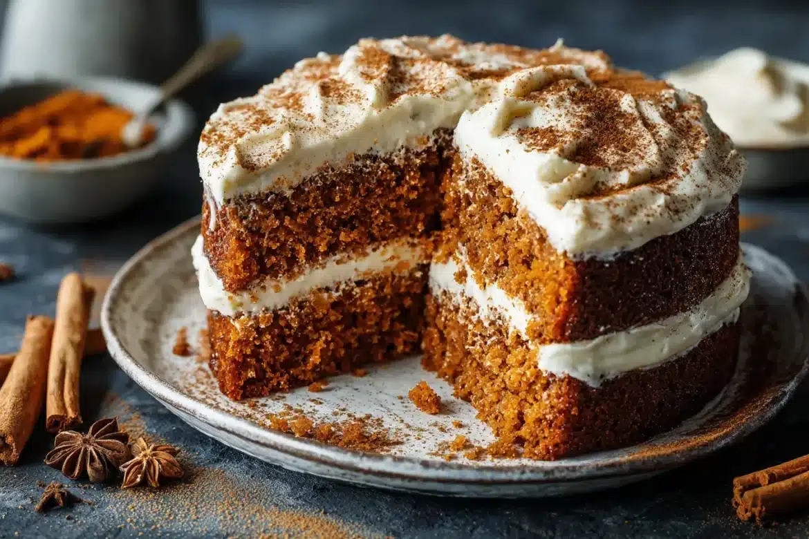 Close-up of moist pumpkin spice cake with cream cheese frosting and cinnamon dusting.