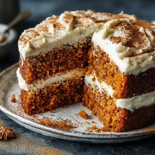 Close-up of moist pumpkin spice cake with cream cheese frosting and cinnamon dusting.