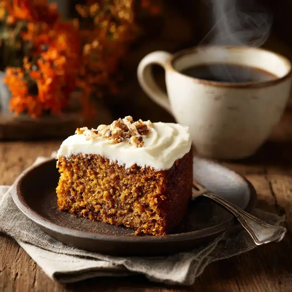 A rustic, close-up photo of pumpkin spice cake topped with cream cheese frosting and cinnamon dusting, showing moist crumb texture and warm autumn vibes.