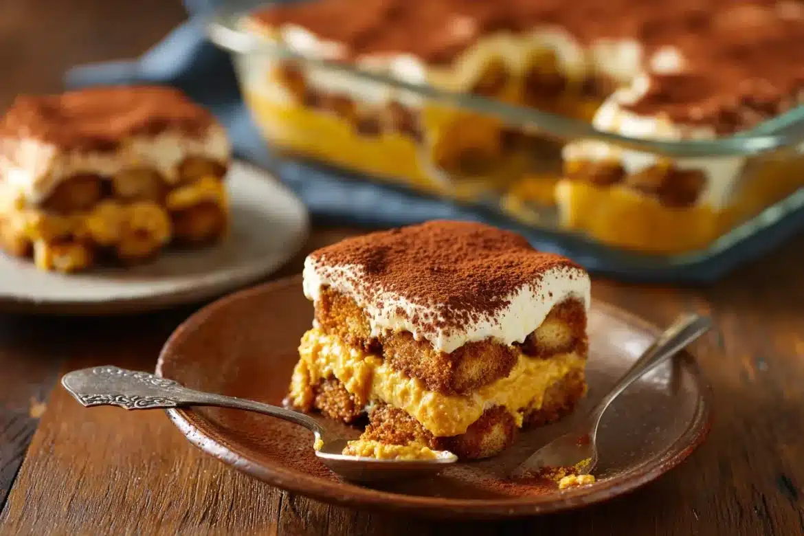 Layered pumpkin tiramisu with cocoa dusting and creamy fall layers.