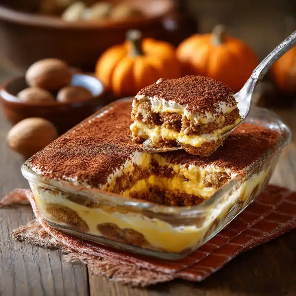 A slice of pumpkin tiramisu showing layers of cream and ladyfingers.
