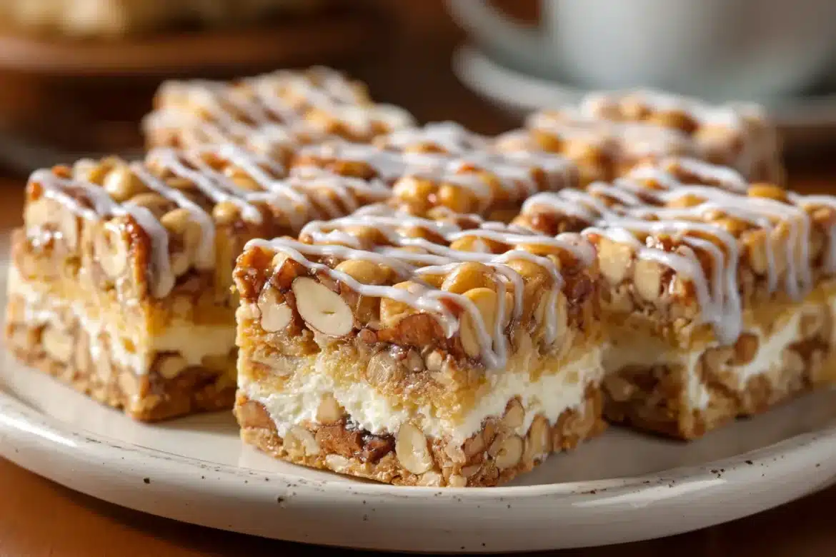 Salted nut roll bars cut into squares with peanut layers and nougat center.