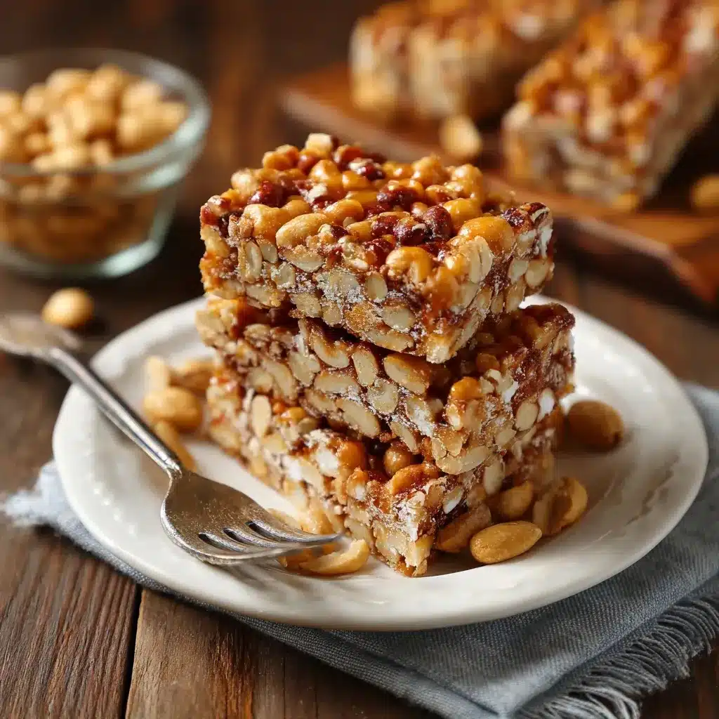 Salted nut roll bars stacked on a dessert plate with fork on rustic table.
