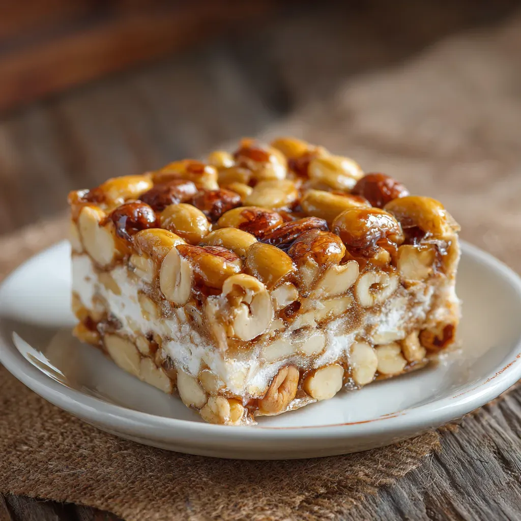 Close-up of salted nut roll bar showing peanuts and nougat layers.
