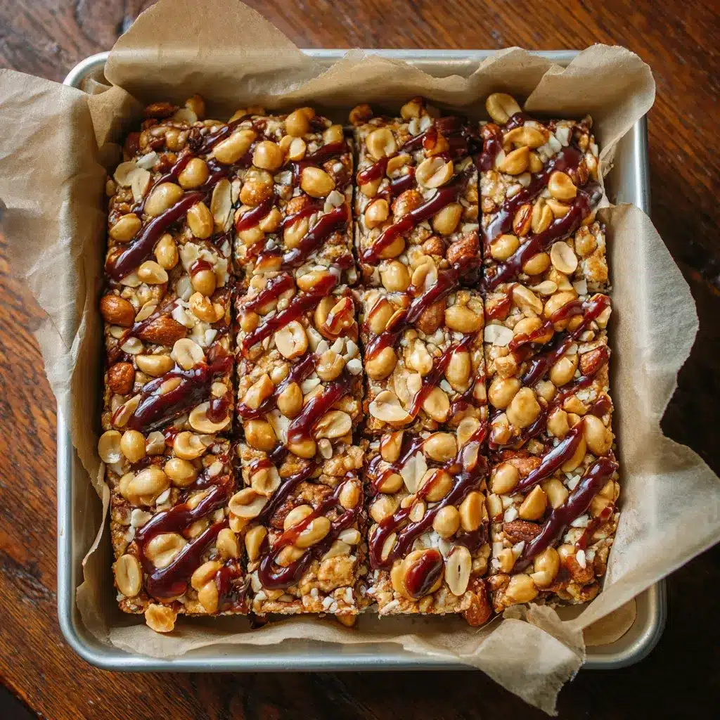Overhead slab of salted nut roll bars with peanuts and drizzle before cutting.