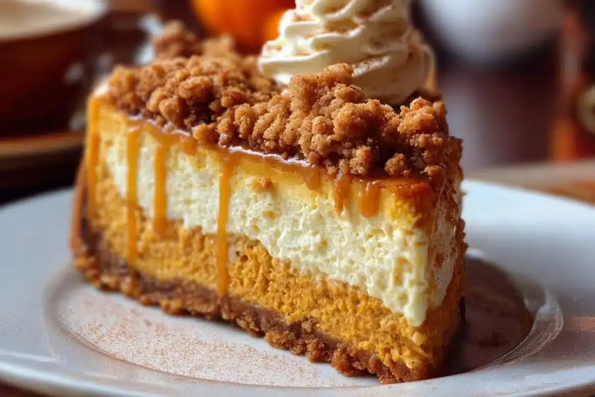 Delicious Pumpkin Streusel Cheesecake topped with crunchy streusel