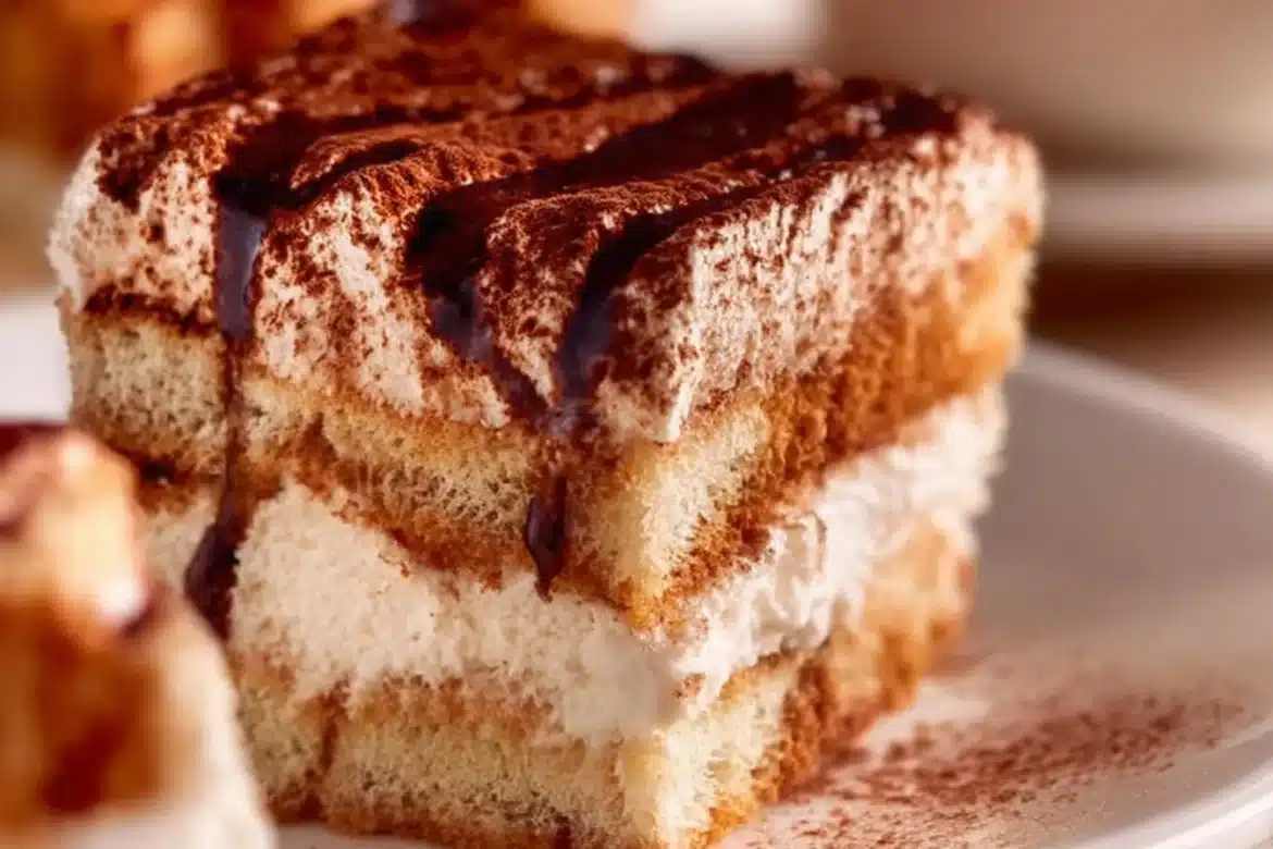 Delicious homemade Tiramisu Cake with layers of coffee-soaked cake and mascarpone cream