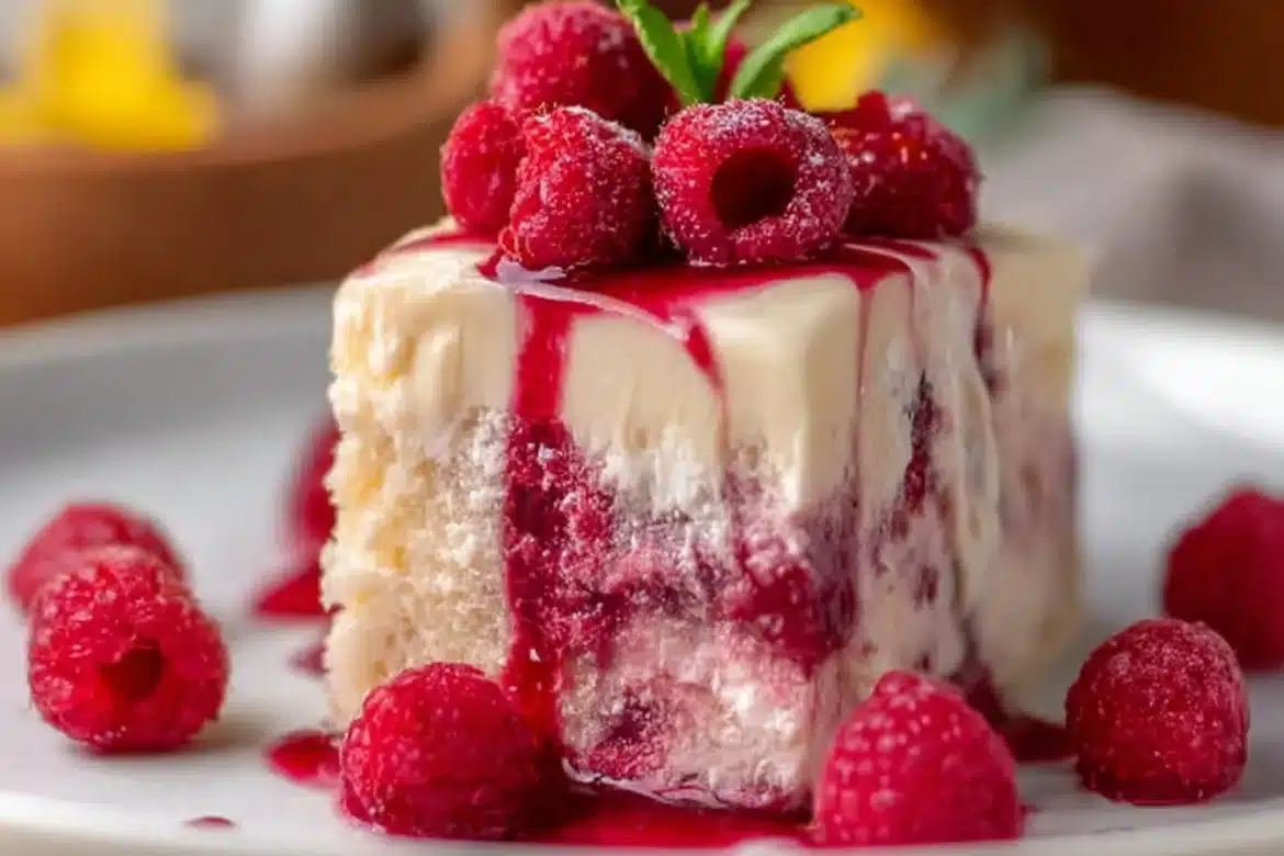 Slice of white chocolate raspberry cake garnished with fresh raspberries and chocolate shavings