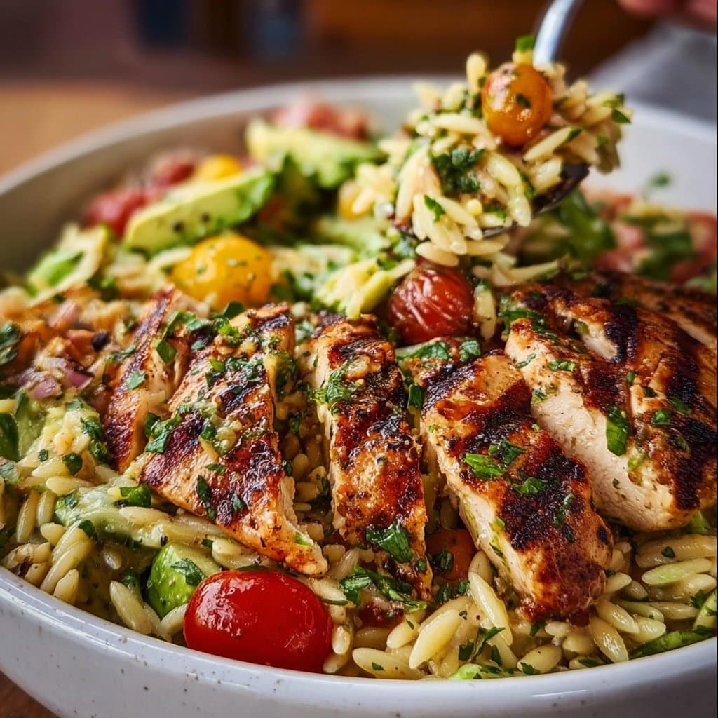 Grilled Lemon Herb Chicken Avocado Orzo Salad