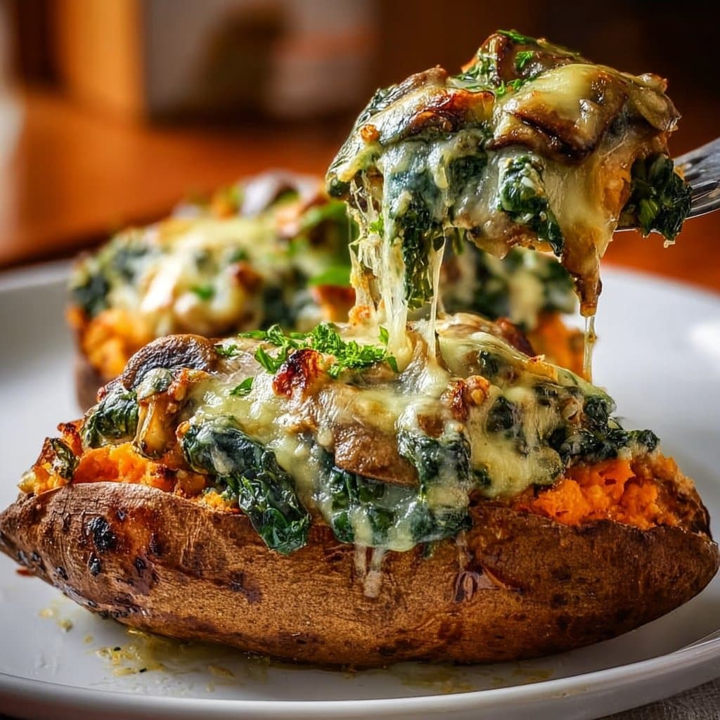 Creamy Mushroom and Spinach Stuffed Sweet Potatoes