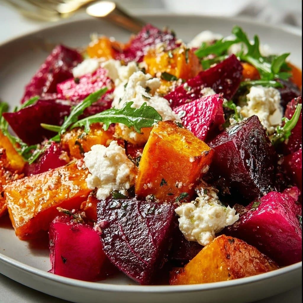 Creamy Roasted Beet Salad with Sweet Potato & Feta