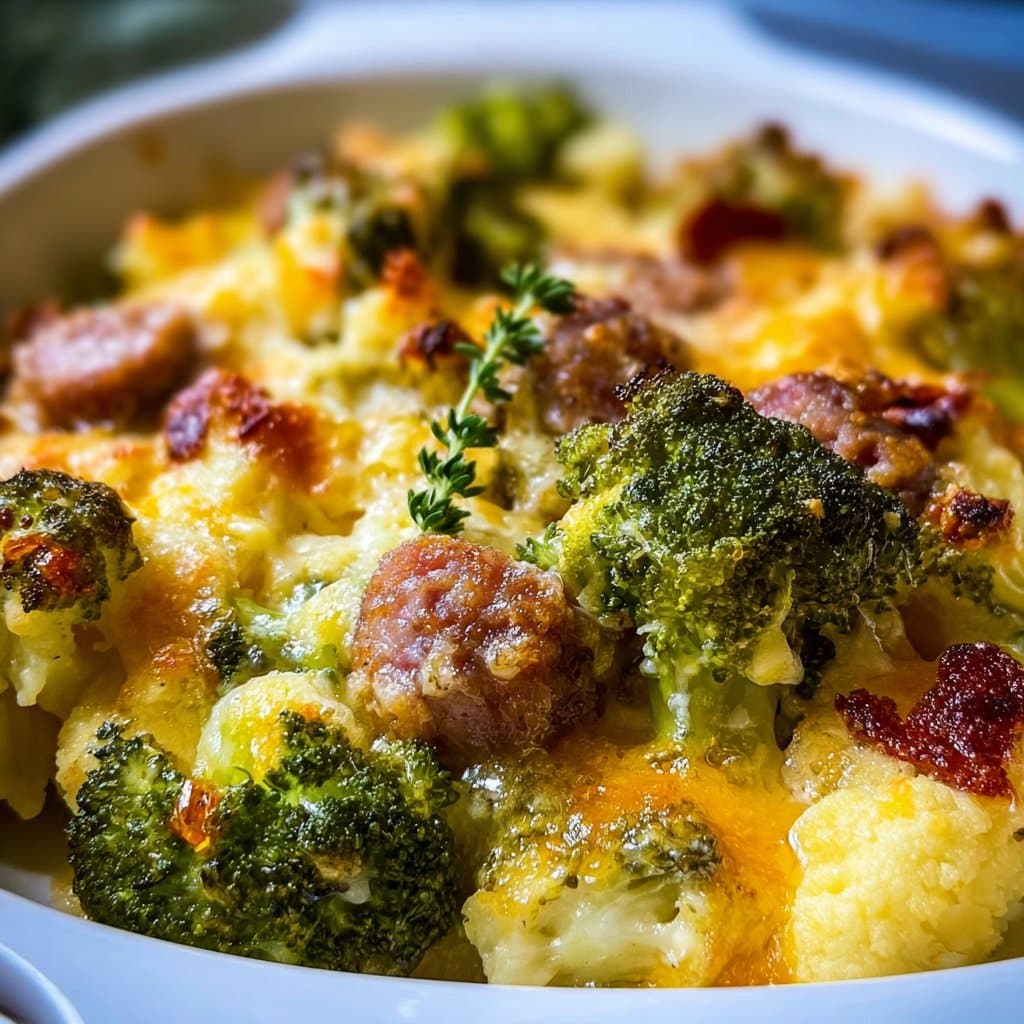 Keto Broccoli and Cauliflower Au Gratin with Sausage