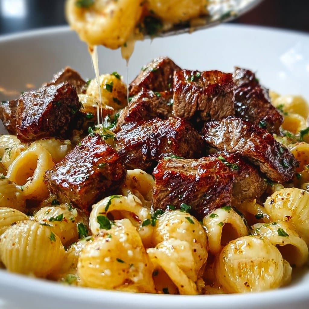 Garlic Butter Steak Bites & Shell Pasta