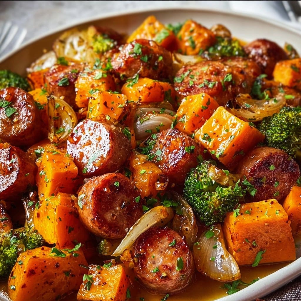 Sheet Pan Sausage and Sweet Potatoes with Honey Garlic Sauce