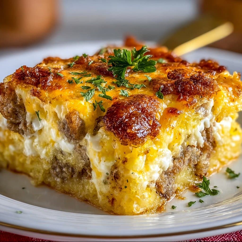 Sausage Egg and Cream Cheese Hashbrown Casserole