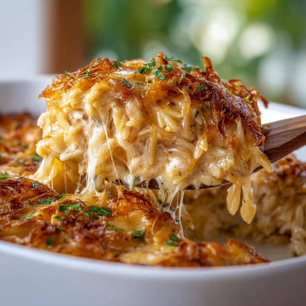 French Onion Chicken Orzo Casserole