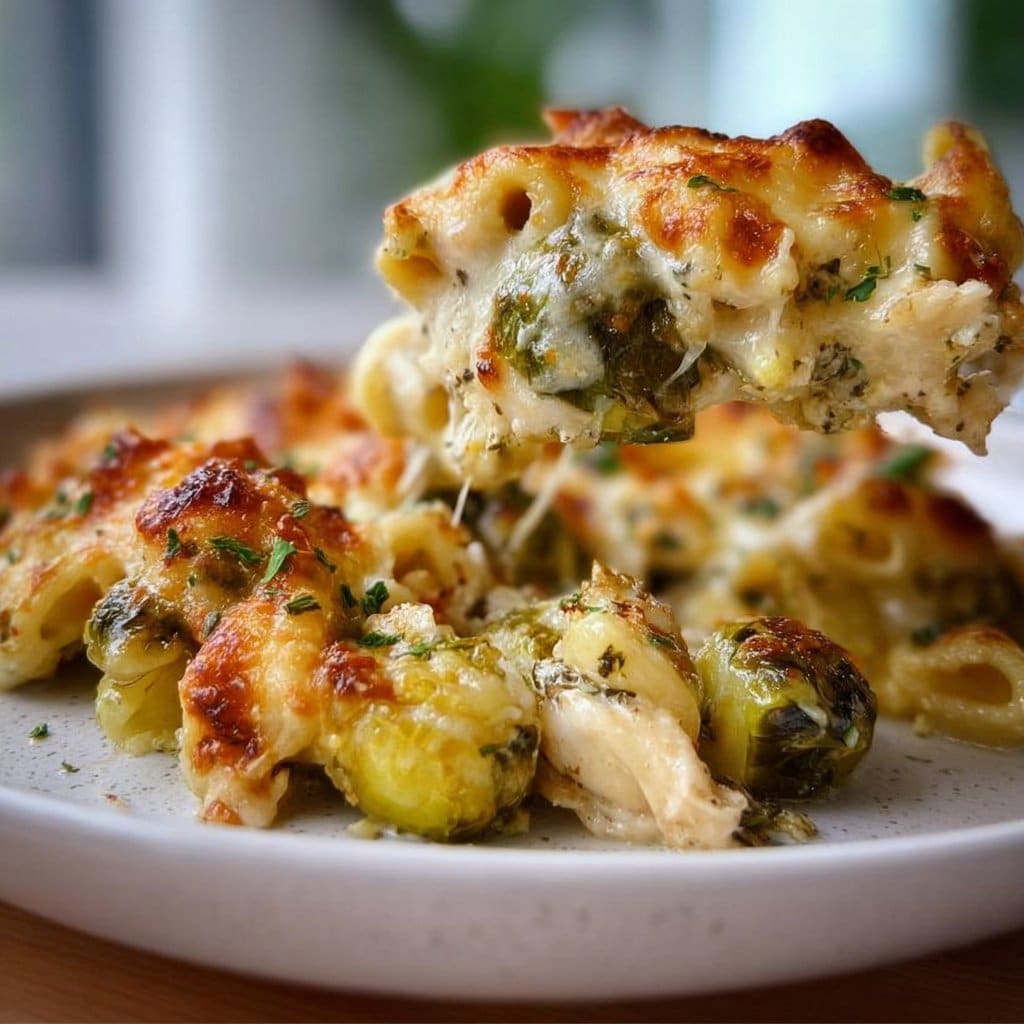 Cheesy Chicken & Brussels Sprouts Pasta Bake