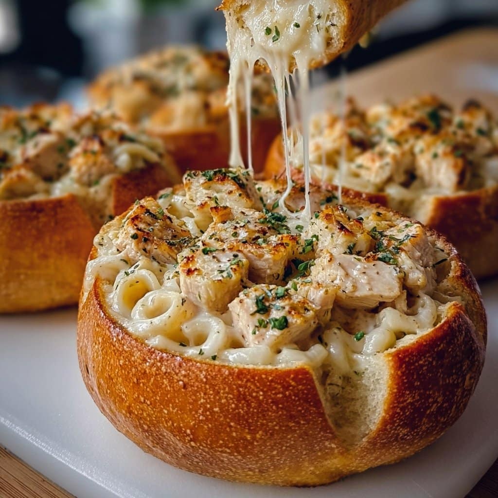 Chicken Alfredo Garlic Bread Bowls