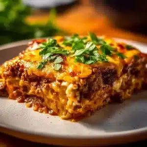 Delicious beef enchilada casserole served in a baking dish with melted cheese on top