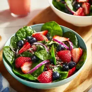 Colorful berry spinach salad with fresh berries and leafy greens