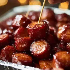 Delicious candied kielbasa bites served on a platter