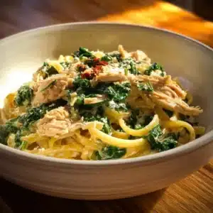 Creamy chicken pasta dish made in a crockpot, ready for serving