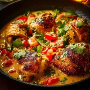 Creamy coconut milk chicken recipe with rich flavors and spices.