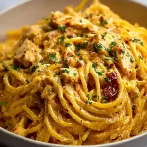 Creamy crockpot chicken spaghetti dish with ingredients and a serving spoon