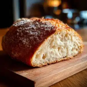 Freshly baked Crockpot Bread in a rustic kitchen setting.