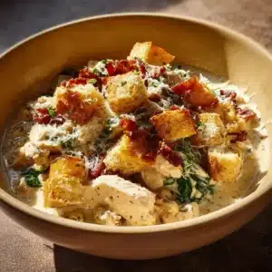 Crockpot Caesar Chicken served with fresh greens and Caesar dressing