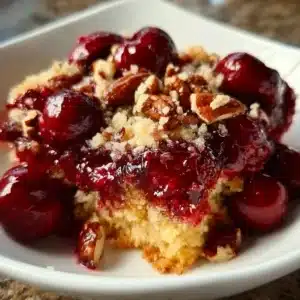 Crockpot Cherry Dump Cake served in a bowl with cherries on top