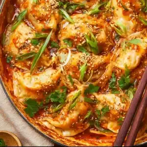 Delicious one-pan dumpling bake fresh from the oven.