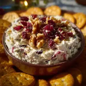 Cranberry whipped feta dip served with crackers on a festive table