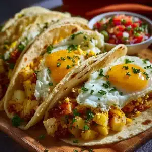 Easy potato, egg, and cheese breakfast tacos served on a plate