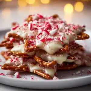 Easy white chocolate peppermint pretzel crisps recipe with festive toppings
