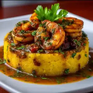 Delicious Garlic Shrimp Mofongo served with garlic-infused shrimp and mashed plantains.