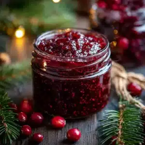 Jar of homemade Christmas jam with festive decorations