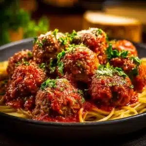 A plate of delicious homemade Italian meatballs in marinara sauce