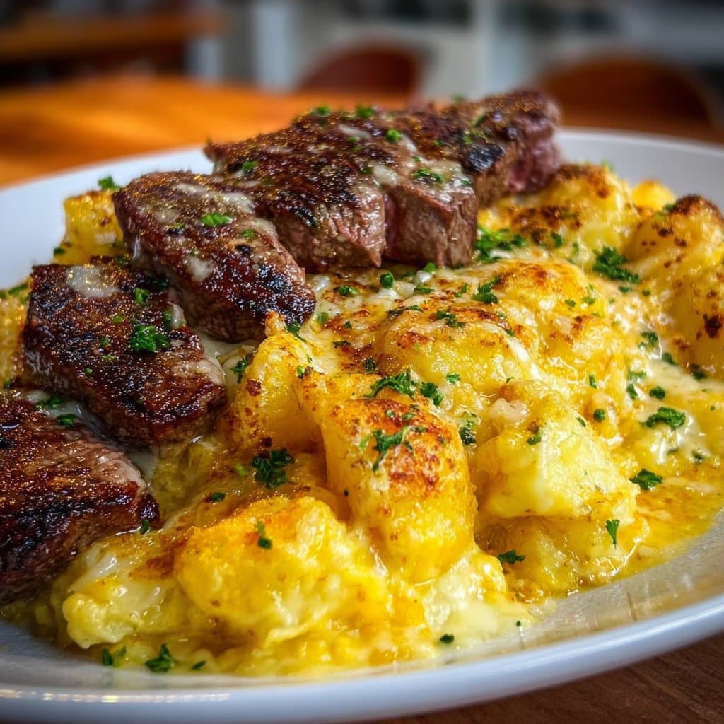Garlic Butter Steak & Cheddar Potato Bake