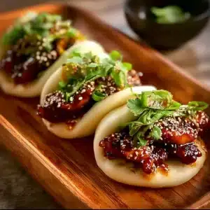 Korean Chicken Bao Buns with garnishes served on a wooden platter