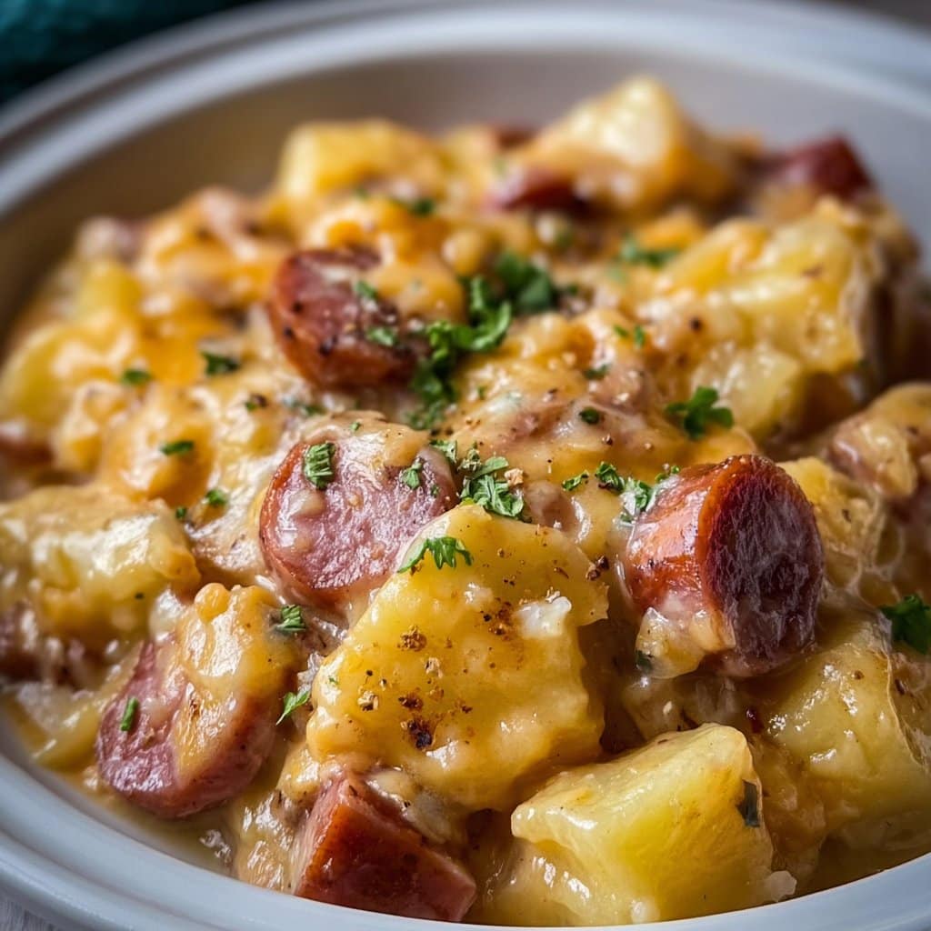 Crockpot Cheesy Potatoes and Kielbasa