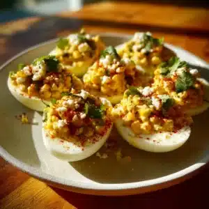 Mexican street corn deviled eggs garnished with cilantro and chili powder