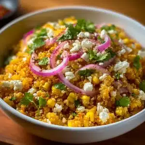 Mexican street corn quinoa salad topped with cilantro and lime on a wooden table