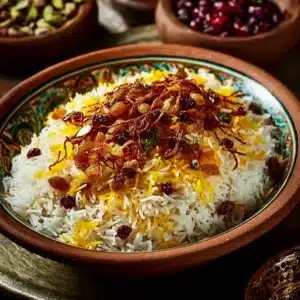 Bowl of Persian Jeweled Rice garnished with nuts and dried fruits