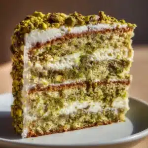 Pistachio Mascarpone Layer Cake with nuts and cream layers