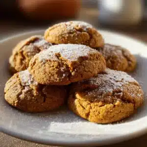 Delicious pumpkin spice cookies arranged on a plate with autumn leaves